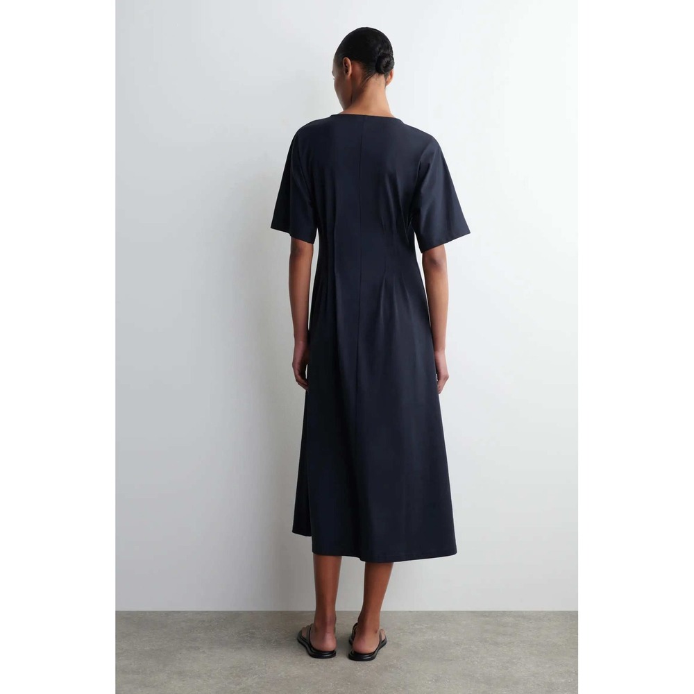 COS Black Pleated Waist Cotton Jersey Midi T-Shirt Dress Size L Short Sleeve - Picture 2 of 12